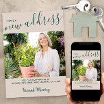 New Address Photo and Elegant Script Beige Moving Announcement<br><div class="desc">Custom photo new address announcement in beige and dark green. The photo template is set up for you to add your own photo, which is displayed full bleed in landscape format. "new address" is lettered in elegant handwritten typography and the remainder of the wording is all fully editable. The announcement...</div>