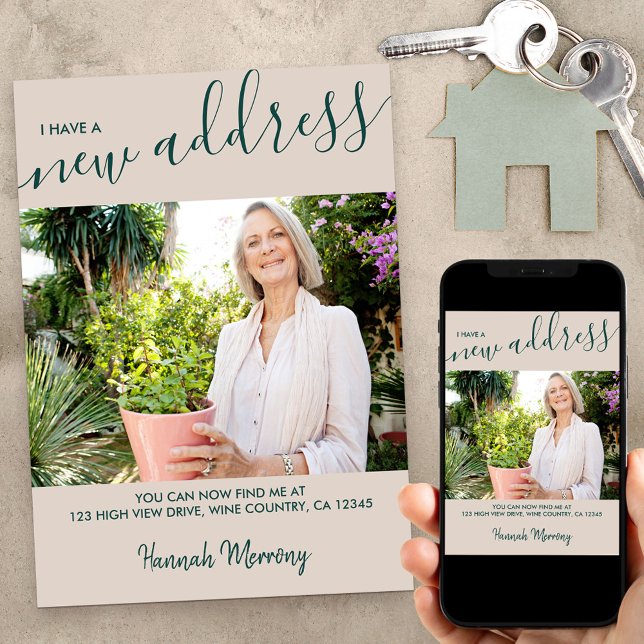 New Address Photo and Elegant Script Beige Moving Announcement (Creator Uploaded)