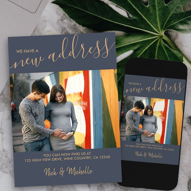 New Address Photo and Elegant Script Blue Moving Announcement (modern photo new address card available printed or as printable digital download)