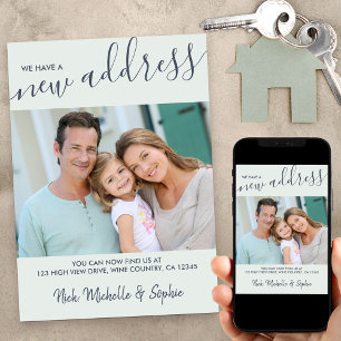 New Address Photo and Elegant Script Mint Moving Announcement