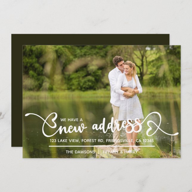 New Address Photo and Heart Script Moving Announce Announcement (Front/Back)
