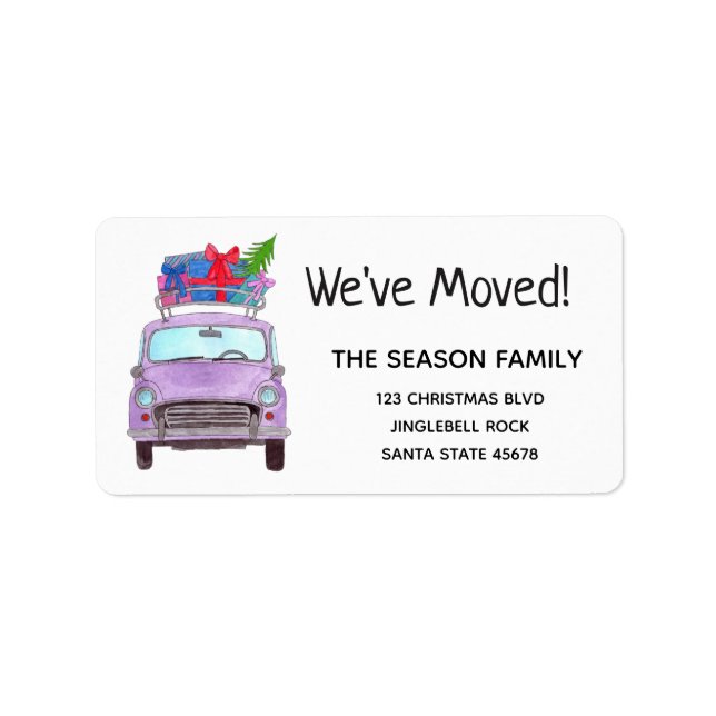 New Address Purple Car with Christmas Gifts Label (Front)