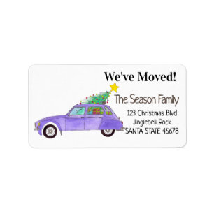 New Address Purple Car with Christmas Gifts Label