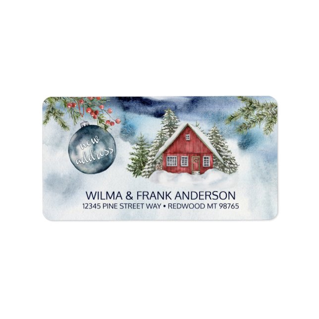 New Address Red Cabin in Snow with Blue Ornament Label (Front)