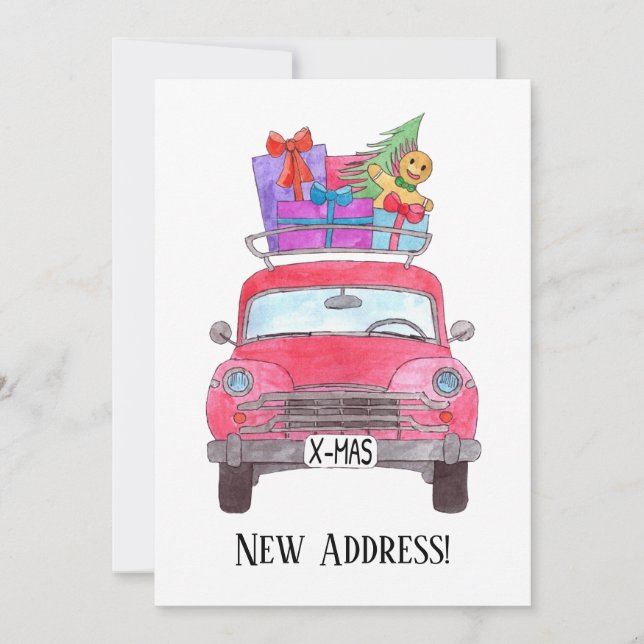 New Address Red Car Christmas Gifts Watercolor Invitation (Front)