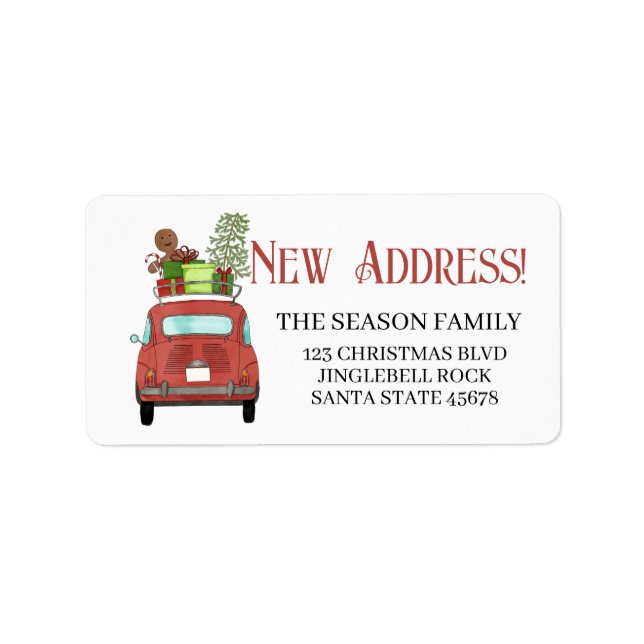 New Address Red car with Christmas gifts Label (Front)