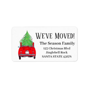 New Address Red Car with Christmas Tree Label
