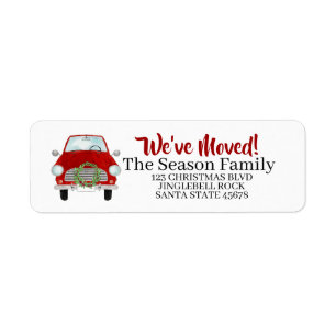 New Address Red car with Christmas wreath