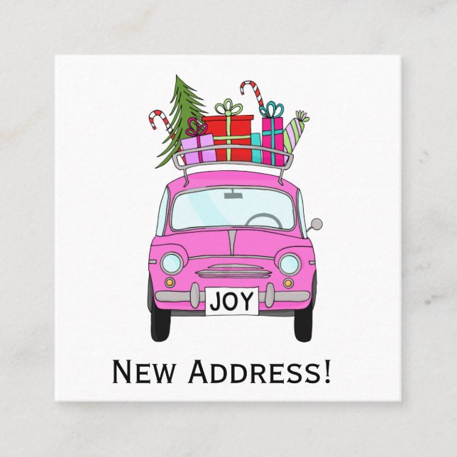 New Address Retro Fiat 500 with Christmas Gifts Square Business Card (Front)