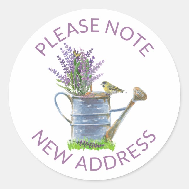New Address Rustic Watering Can with Lavender Classic Round Sticker (Front)