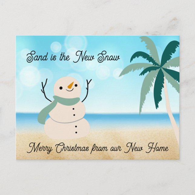 New Address Sandy Snowman on Beach Fancy Script Holiday Postcard (Front)