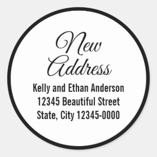 New Address Script Black White Moving Announcement Classic Round Sticker