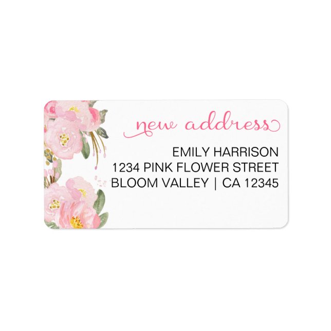 New Address Watercolor Pink Floral Label (Front)