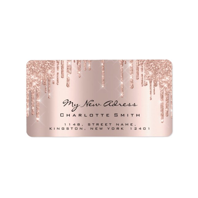 New Adress Bridal Rose Blush Sparkly Glitter RSVP Label (Front)