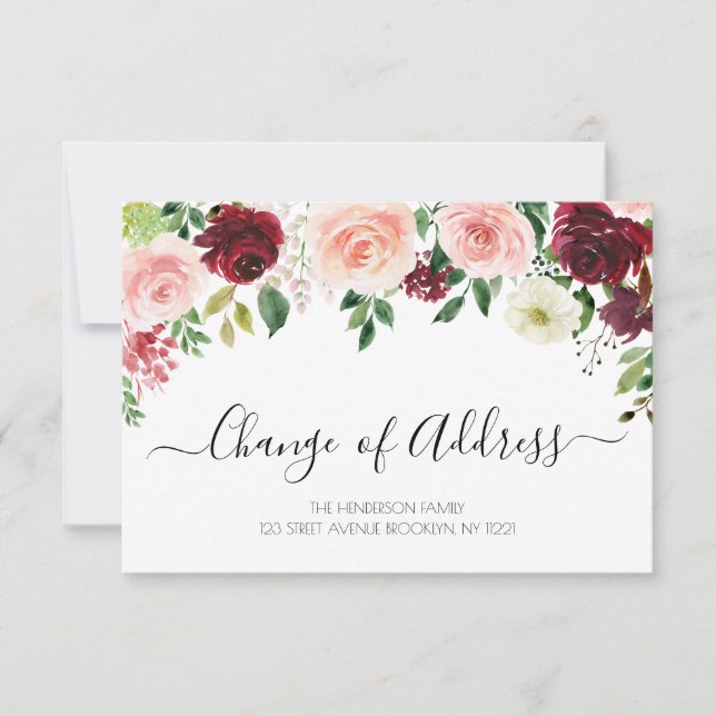 New Adress burgundy floral moving announcement (Front)