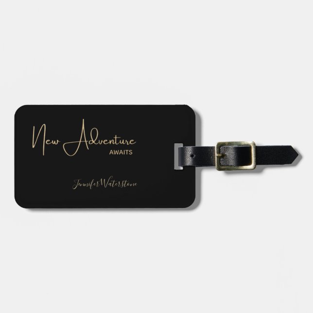 New Adventure Awaits Gold Glitter Script Luggage Tag (Front Horizontal)