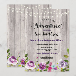 New Adventure Floral Wood Purple Retirement Party Invitation