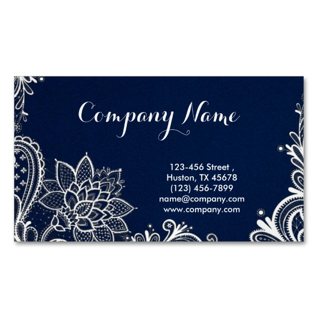 New Age Yoga navy blue henna bohemian lace Magnetic Business Card (Front)