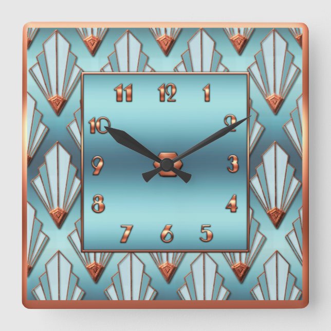 New Art Deco Blue and Copper Square Wall Clock (Front)