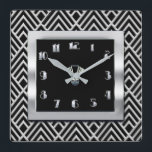 New Art Deco Style (Black and silver) Square Wall Clock<br><div class="desc">Here is another art deco clock I created. Using a deco pattern,  I colored this in Black and silver and then added another inner square in chrome and black for the clock face. I think it makes an excellent wall clock for any living room wall. Or perhaps another room?</div>
