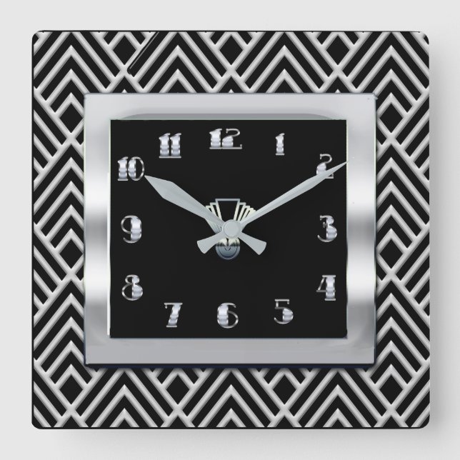 New Art Deco Style (Black and silver) Square Wall Clock (Front)