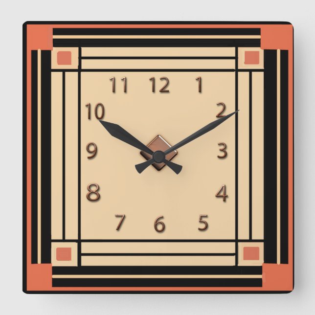 New Art Deco Style (Orange, Black and Cream) Square Wall Clock (Front)