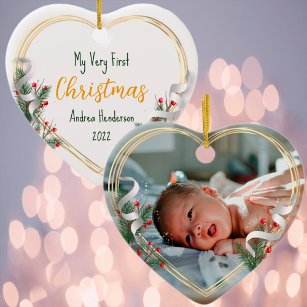 New Baby 1st Xmas Holly & Pine Gold Frame Photo  Ceramic Ornament