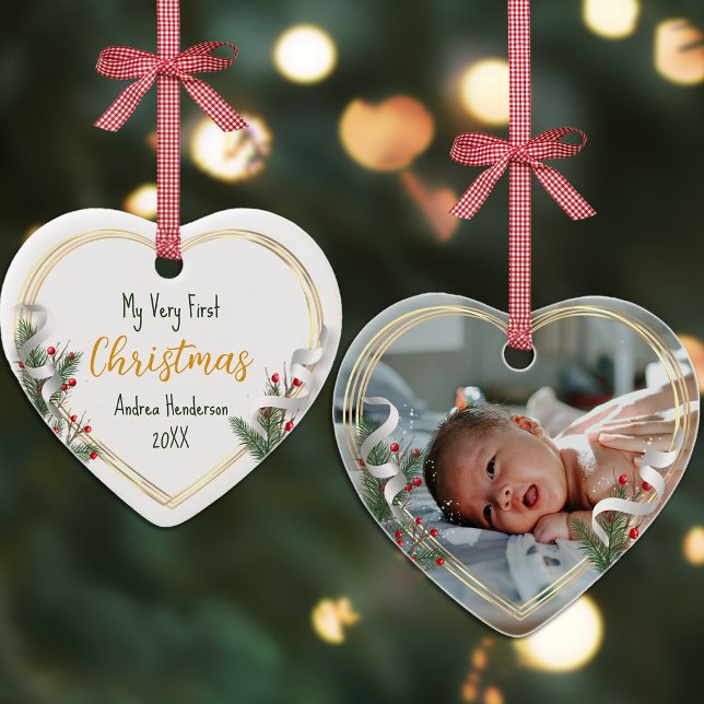 New Baby 1st Xmas Holly & Pine Gold Frame Photo  Ceramic Ornament (Creator Uploaded)