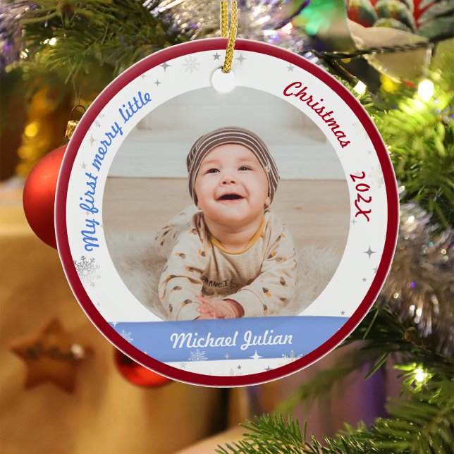 New Baby 2 Photos My First Merry Little Christmas Ceramic Ornament (Modern Elegant Cute My First Merry Little Christmas Baby Boy Personalized Name 2 Photos Snowflakes )