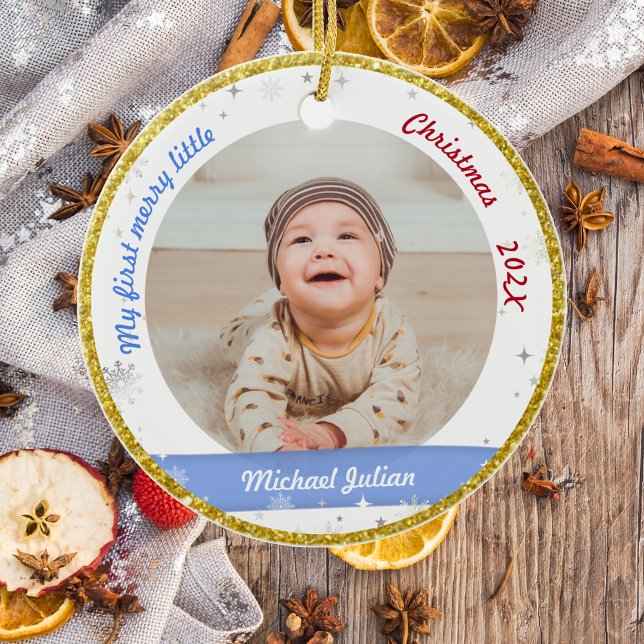 New Baby 2 Photos My First Merry Little Christmas Ceramic Ornament (Modern Elegant Cute My First Merry Little Christmas Baby Boy 2 Photos Snowflakes Stars Golden Frame)