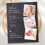 New Baby 3 Photo Chalkboard Birth Announcement Postcard<br><div class="desc">Announce your new baby to friends and family with these rustic chalkboard slate, fun and modern photo collage birth announcement cards. Customize with 3 of your favourite photos, and personalize with name, born date, birth stats. COPYRIGHT © 2020 Judy Burrows, Black Dog Art - All Rights Reserved. New Baby 3...</div>