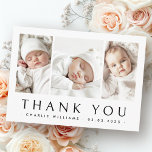 New baby announcement 3 photo thank you card<br><div class="desc">New baby thank you card featuring three photos and the baby's name and date of birth on the front. Custom message on the back. Change colours and fonts,  move and resize elements in the design tool.</div>