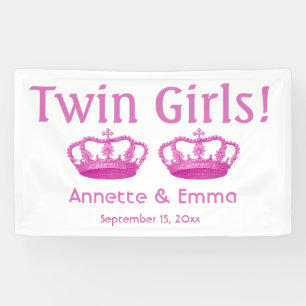 New Baby Announcement TWIN GIRLS Pink Crowns A03B Banner