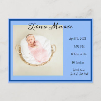 New Baby Birth Announcement Blue Photo Postcard