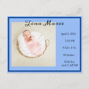 New Baby Birth Announcement Blue Photo Postcard