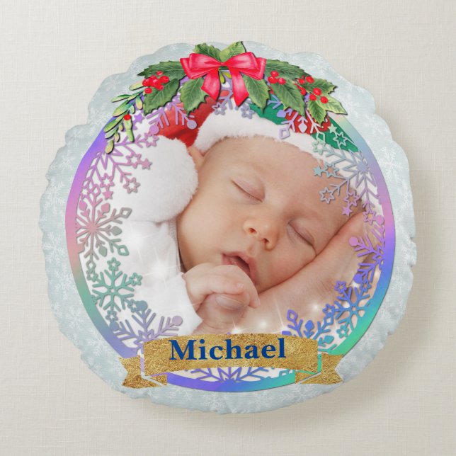New baby birth stats Christmas, Birth Announcement Round Pillow (Front)