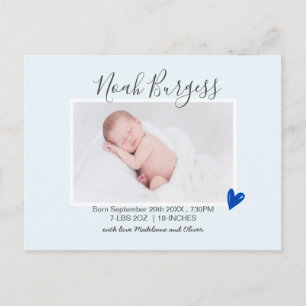 New Baby Blue Heart Birth Announcement Photo Postcard