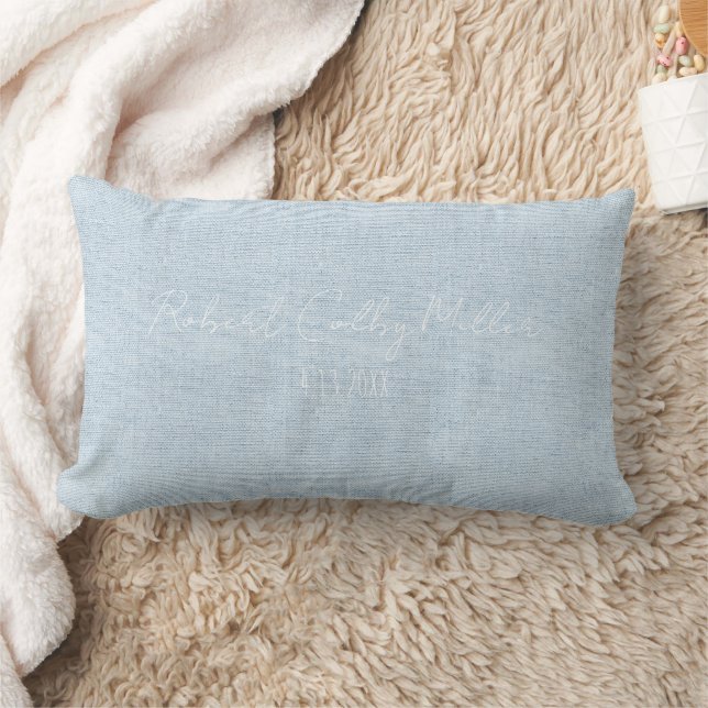 New Baby blue Linen Fabric Full Name Birth Date Lumbar Pillow (Blanket)