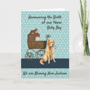 New Baby Boy Announcement with Baby, Carriage, Dog