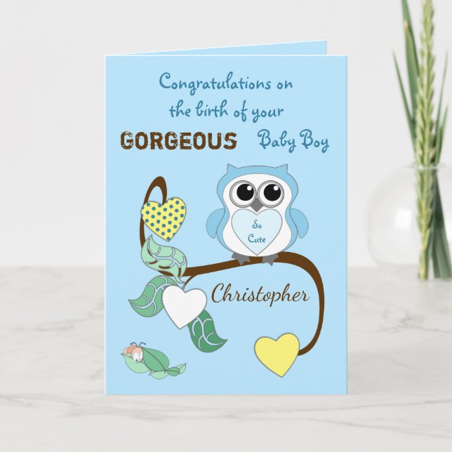 New Baby Boy blue with a cute owl Card (Front)