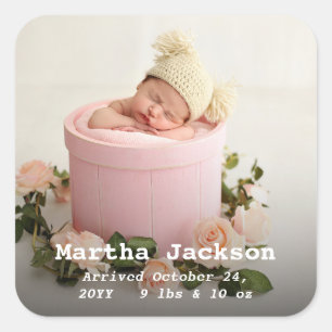 new baby boy girl birth announcement photo modern  square sticker