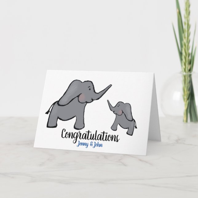 New baby boy personalised elephant mother & son card (Front)