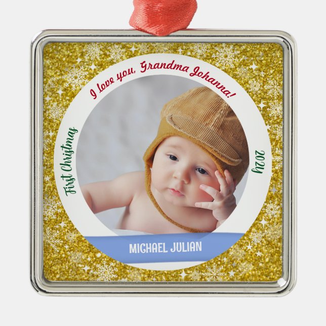 New Baby Boy Photo 1st Christmas As Grandma Golden Metal Ornament (Front)