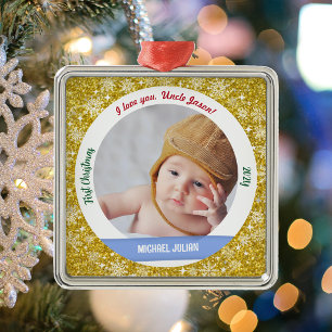 New Baby Boy Photo 1st Christmas As Uncle Golden Metal Ornament