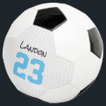 New Baby Boy Soccer Player NAME Birth Year Blue Soccer Ball<br><div class="desc">Baby Boy custom NAME in black, custom BIRTH YEAR in baby blue on light grey sports net background. Classic soccer ball. Easy to personalize text, text colours. Fun gift for new baby, baby shower, new parents, soccer lovers. Mix and match entire Soccer / Sports / Team Spirit / Little League...</div>