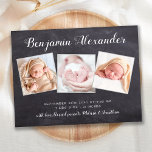 New Baby Chalkboard 3 Photo Birth Announcement Postcard<br><div class="desc">Announce your new baby to friends and family with these rustic chalkboard slate, fun and modern photo collage birth announcement cards. Customize with 3 of your favourite photos, and personalize with name, born date, birth stats. COPYRIGHT © 2020 Judy Burrows, Black Dog Art - All Rights Reserved. New Baby Chalkboard...</div>