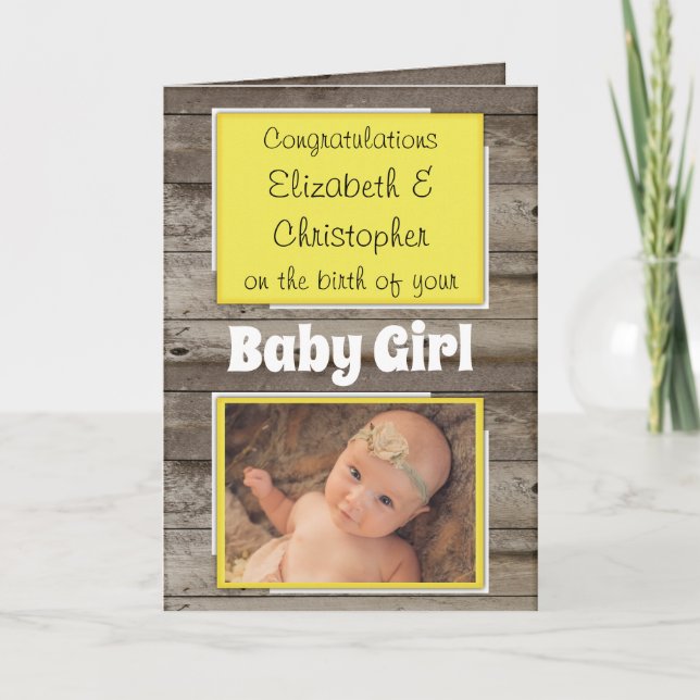 New Baby congratulations photo rustic yellow Card (Front)