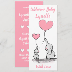 New Baby, Cute Baby Elephants with Pink Hearts Announcement
