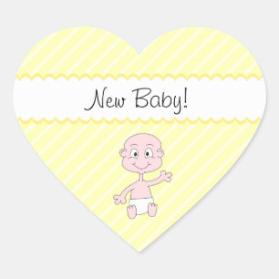 New Baby! Cute baby waving. On Yellow stripes. Heart Sticker