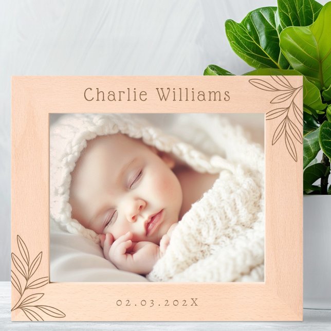 New baby date of birth name greenery leaves etched frames (New baby date of birth name greenery leaves etched frames)
